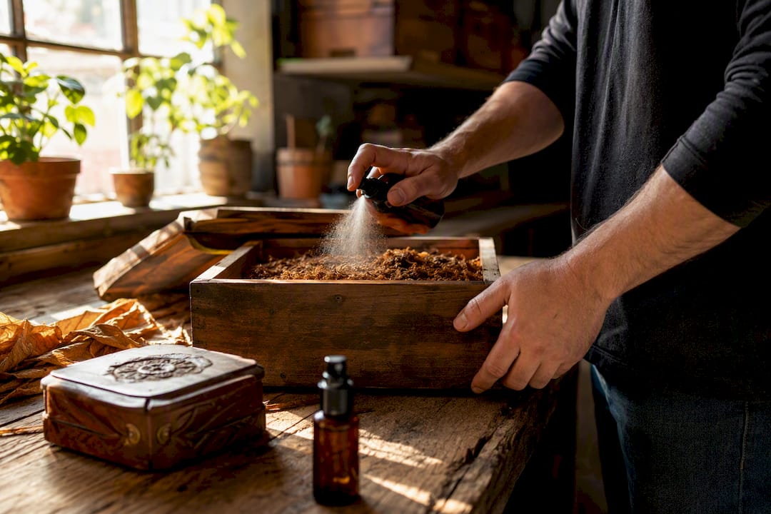 Spraying mist on pipe tobacco in jar