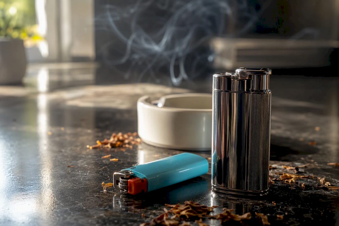 Close-up of refillable and disposable lighters