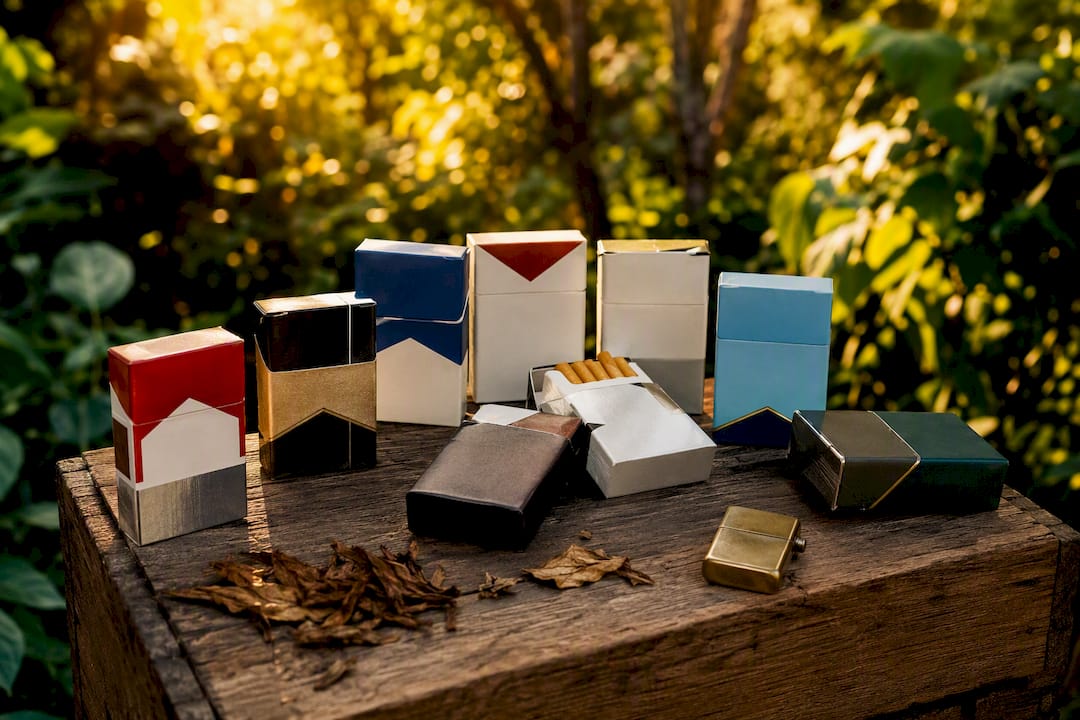 Assortment of generic cigarette packs on marble counter